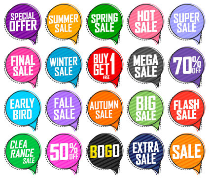 Set Sale speech bubble banners design template, discount tags, vector illustration
