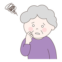 Elderly woman having difficulty with a dizzy sign. Vector illustration isolated on white background.