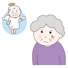 Elderly woman reminiscing about her late husband. Vector illustration isolated on white background.