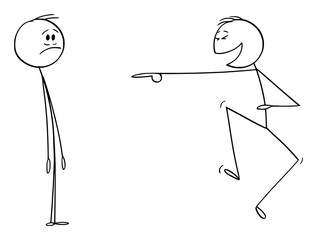 Vector cartoon stick figure drawing conceptual illustration of frustrated man or businessman and another man laughing him. Concept or mockery or ridicule on workplace.