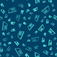 Green line Electric iron icon isolated seamless pattern on blue background. Steam iron. Vector Illustration.