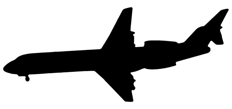Black silhouette of an airplane isolated on a white background