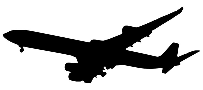 Black silhouette of an airplane isolated on a white background