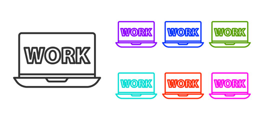 Black line Laptop with text work icon isolated on white background. Set icons colorful. Vector Illustration.