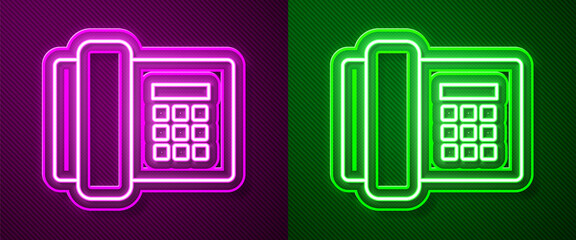 Glowing neon line Telephone icon isolated on purple and green background. Landline phone. Vector Illustration.