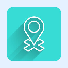 White line Map pin icon isolated with long shadow. Navigation, pointer, location, map, gps, direction, place, compass, search concept. Green square button Vector Illustration