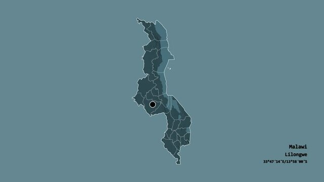 Thyolo, district of Malawi, with its capital, localized, outlined and zoomed with informative overlays on a administrative map in the Stereographic projection. Animation 3D