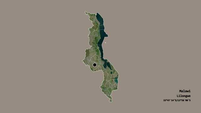 Thyolo, district of Malawi, with its capital, localized, outlined and zoomed with informative overlays on a satellite map in the Stereographic projection. Animation 3D