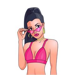 beautiful young sexy woman in bikini staring passionately, holding her sunglasses. flirt look. dark long hair, pink lips, bra and glasses. stock vector pop art illustration isolated on white. 
