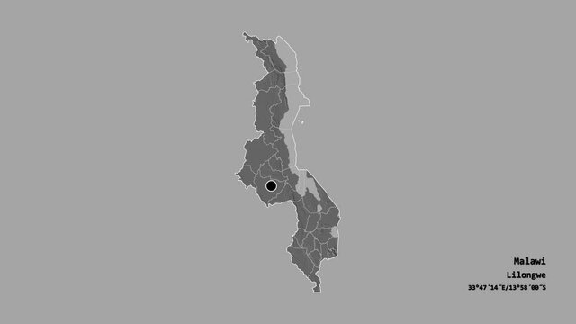 Zomba, district of Malawi, with its capital, localized, outlined and zoomed with informative overlays on a bilevel map in the Stereographic projection. Animation 3D