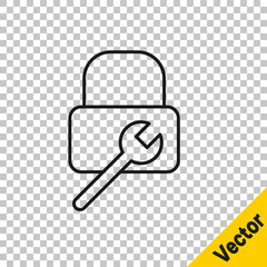 Black line Lock repair icon isolated on transparent background. Padlock sign. Security, safety, protection, privacy concept. Vector Illustration.