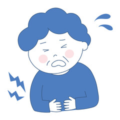 Elderly woman getting a stomach ache. Two-tone vector illustration isolated on white background.