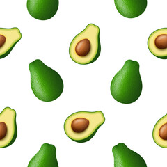 Realistic green avocado for healthy eating. 3d render. Whole and cut in half avocado. Raster illustration on white background.