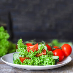 Healthy salad vegetables leaves mix micro greens, juicy snack, tomato. food background copy space organic healthy eating keto or paleo diet