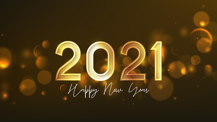 2021 Happy New Year holiday card. Vector illustration with golden symbol and effect bokeh on dark background. Holiday greeting card.