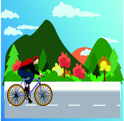 drawing of a person going to work riding a bicycle with a mountain background