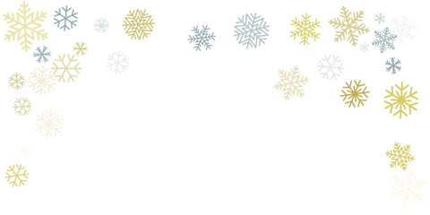 Christmas snowflakes background with place for text. Winter gold and silver snow minimal decoration on white, greeting card. New Year Holidays subtle backdrop. Vector illustration EPS 10