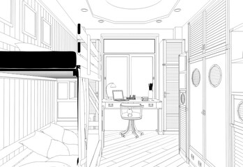 child's room, contour visualization, 3D illustration, sketch, outline