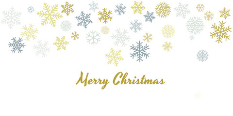 Fototapeta premium Christmas snowflakes background with place for text. Winter gold and silver snow minimal decoration on white, greeting card. New Year Holidays subtle backdrop. Vector illustration EPS 10