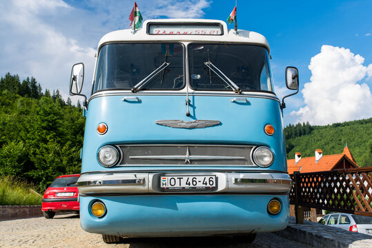 Cozmeni, Romania- 23 June 2019: Front view of a retro Hungarian Ikarus 55 , fabricated in 1955 .