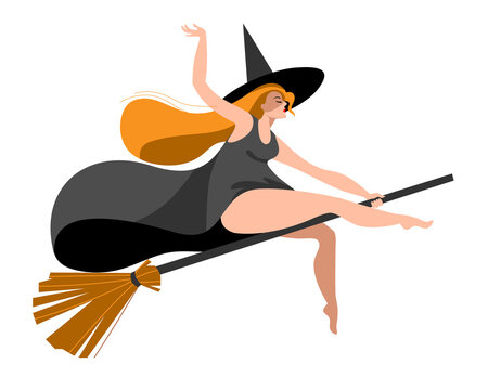 A slender girl is flying on a broomstick in a witch costume. Vector illustration in a flat style on the theme of Halloween.