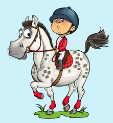 Vector illustration. Funny horseman. A happy child is engaged in horse riding. The dream of a horse.