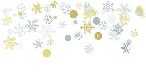 Fototapeta premium Christmas snowflakes background with place for text. Winter gold and silver snow minimal decoration on white, greeting card. New Year Holidays subtle backdrop. Vector illustration EPS 10
