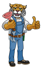 A wildcat plumber cartoon mascot holding a toilet or sink plunger giving a thumbs up