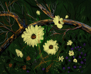 Digital painting of yellow flowers