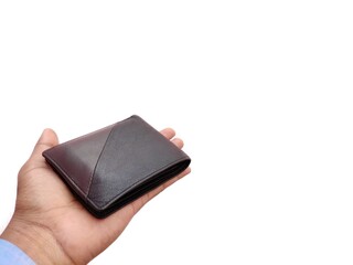 Black man's wallet in Hand on white background with space for text. Money offering Concept