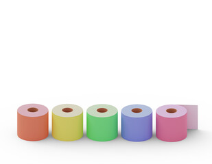 Simple rolls of multi-colored toilet paper, place for texts. 3d illustration