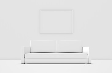 White minimalist living room with sofa and big frame. 3D illustration