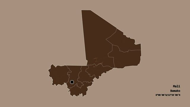 Gao, region of Mali, with its capital, localized, outlined and zoomed with informative overlays on a administrative map in the Stereographic projection. Animation 3D