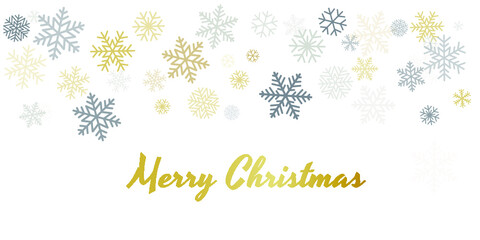 Fototapeta premium Christmas snowflakes background with place for text. Winter gold and silver snow minimal decoration on white, greeting card. New Year Holidays subtle backdrop. Vector illustration EPS 10