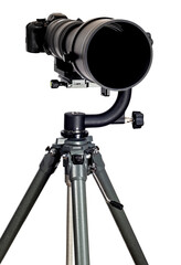 Modern Digital Camera With Super Telephoto Zoom Lens on White