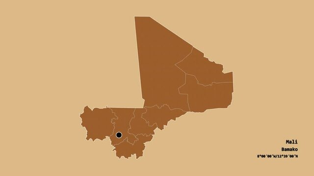 Kidal, region of Mali, with its capital, localized, outlined and zoomed with informative overlays on a solid patterned map in the Stereographic projection. Animation 3D