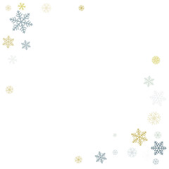 Christmas snowflakes background with place for text. Winter gold and silver snow minimal frame decoration on white, greeting card. New Year Holidays subtle backdrop. Vector illustration 