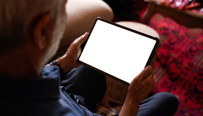 old man white hair using pro tablet