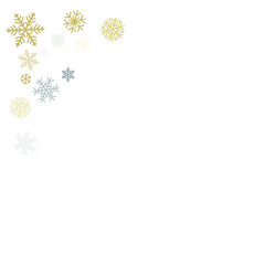 Christmas snowflakes background with place for text. Winter gold and silver snow minimal frame decoration on white, greeting card. New Year Holidays subtle backdrop. Vector illustration 
