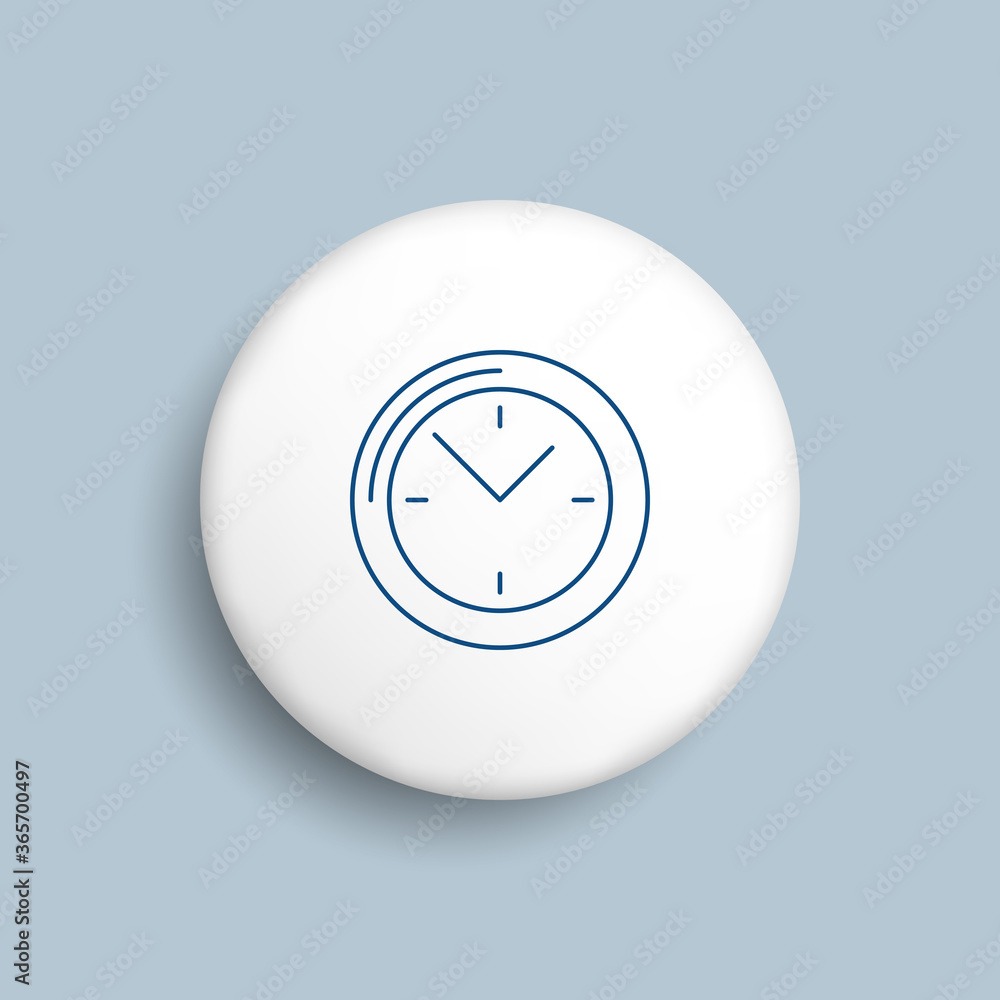 Poster thin line round clock icon on realistic white button on a blue background
