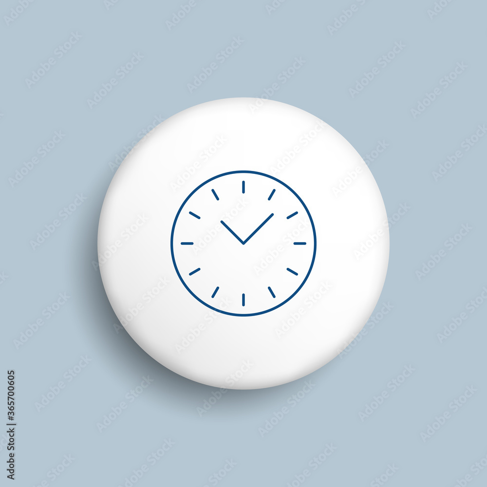 Poster thin line round clock icon on realistic white button on a blue background