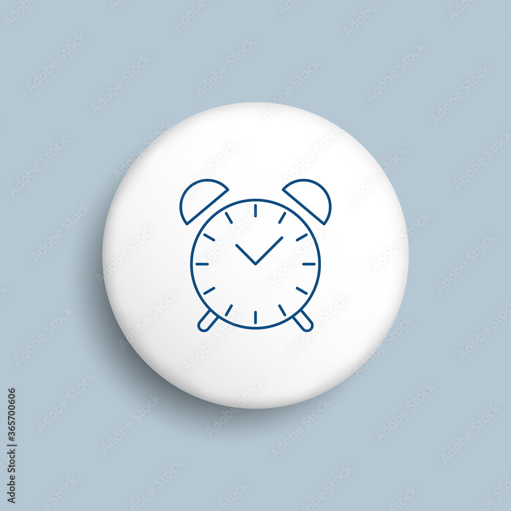 Poster thin line alarm clock icon on realistic white button on a blue background