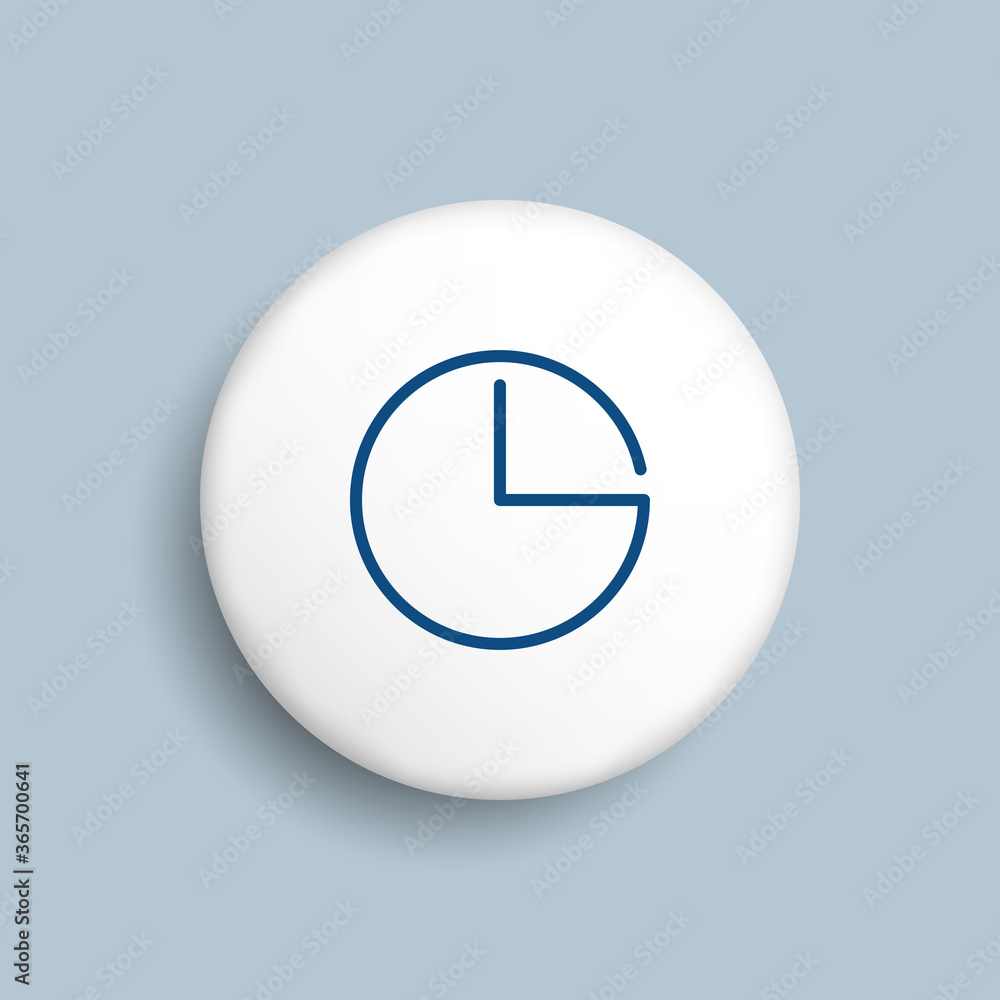 Poster thin line round clock icon on realistic white button on a blue background