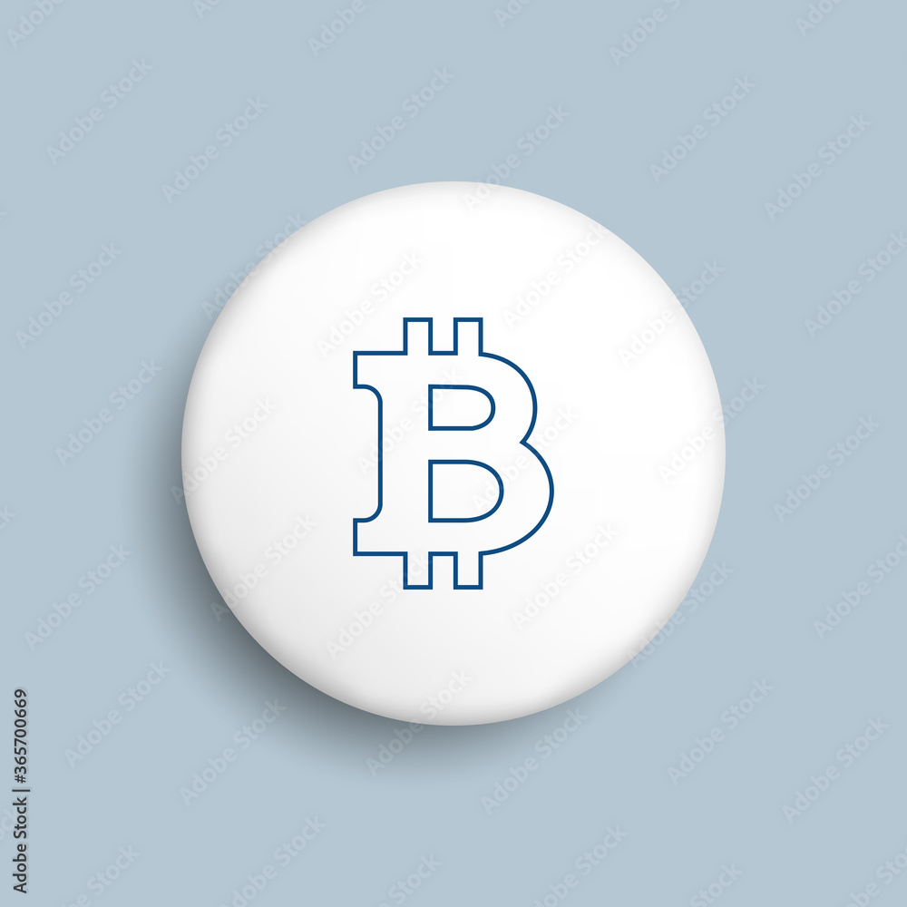 Poster thin line symbol of bitcoin cryptocurrency on white realistic button on a blue background