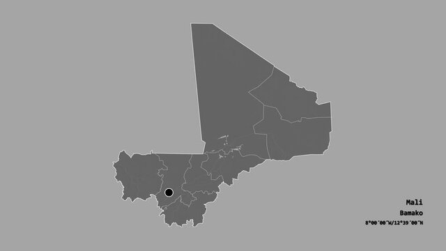Sikasso, region of Mali, with its capital, localized, outlined and zoomed with informative overlays on a bilevel map in the Stereographic projection. Animation 3D