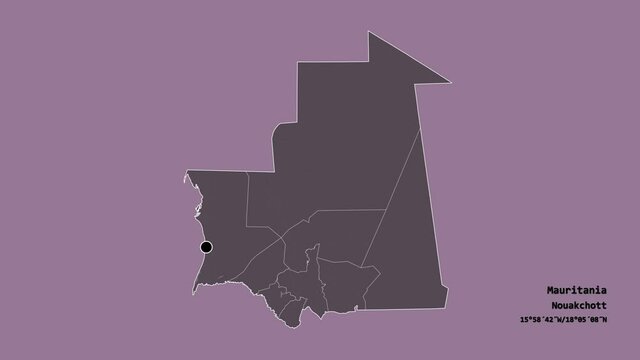 Adrar, region of Mauritania, with its capital, localized, outlined and zoomed with informative overlays on a administrative map in the Stereographic projection. Animation 3D