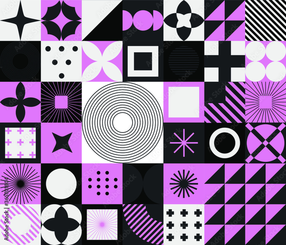 Poster Modern geometric seamless pattern with bold simple shapes in Bauhaus and Neo-memphis retrofuturistic style. Trendy vivid fashion print with minimal composition.