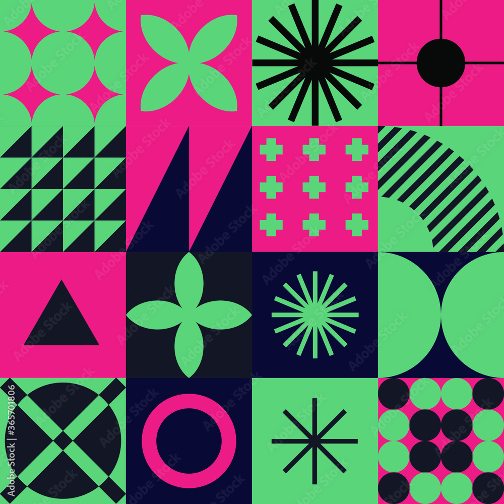 Poster Modern geometric seamless pattern with bold simple shapes in Bauhaus and Neo-memphis retrofuturistic style. Trendy vivid fashion print with minimal composition.
