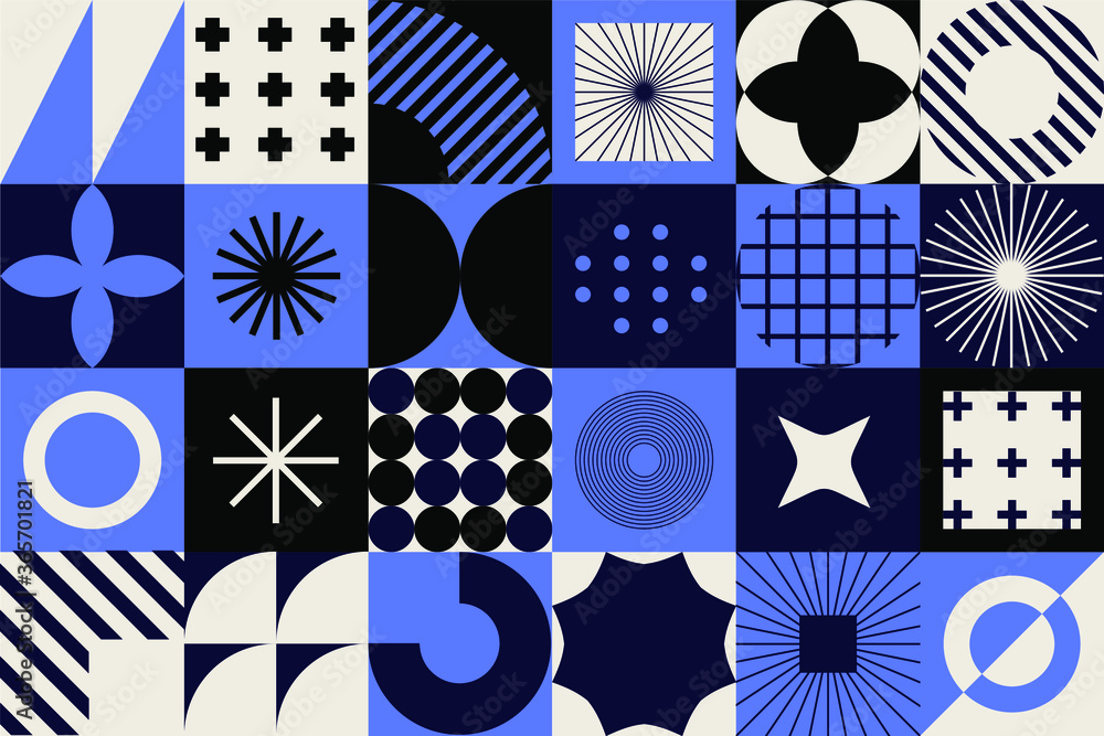 Poster Modern geometric seamless pattern with bold simple shapes in Bauhaus and Neo-memphis retrofuturistic style. Trendy vivid fashion print with minimal composition.