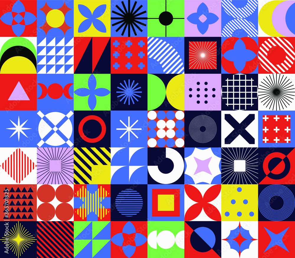 Poster Modern geometric seamless pattern with bold simple shapes in Bauhaus and Neo-memphis retrofuturistic style. Trendy vivid fashion print with minimal composition.